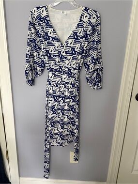DR2 Blue + White Geometric faux Wrap Dress with Waist Tie & pockets